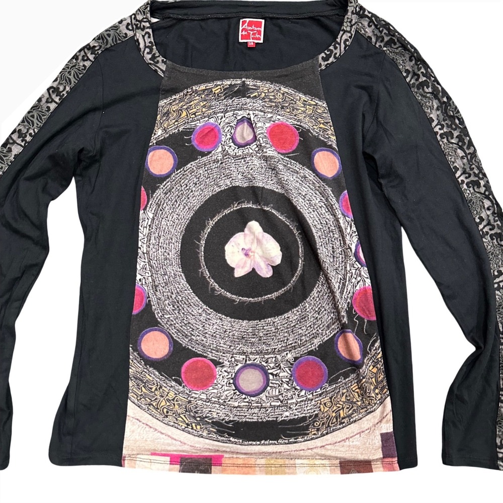 Aventures des Toiles French Art Graphic Print Long Sleeve Top Black Size 38
